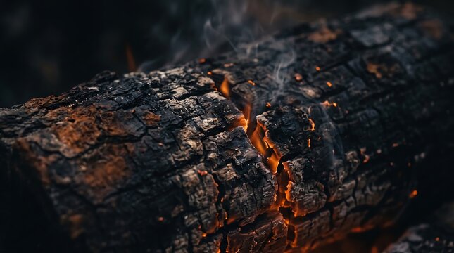 A charred wooden log smolders with glowing orange embers and rising wisps of smoke in a dark, textured composition highlighting deep charcoal and fiery hues.