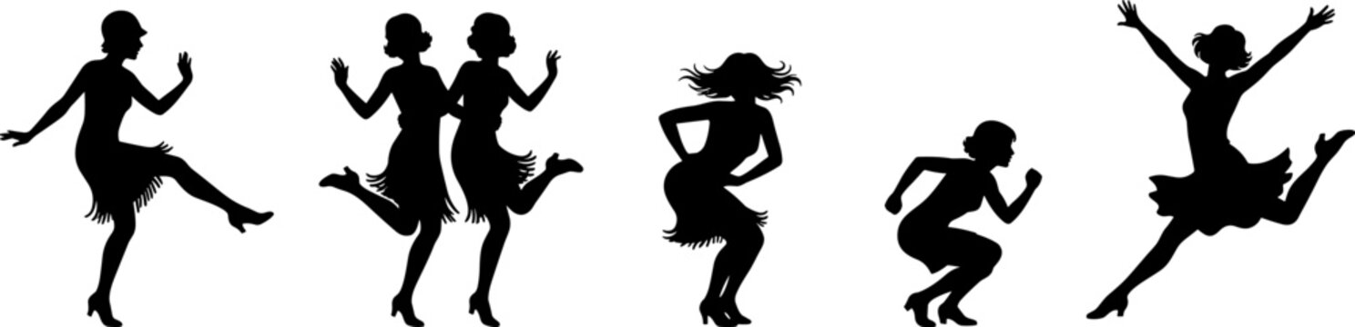 Flapper women silhouettes dancing in 1920s vintage style isolated on white background