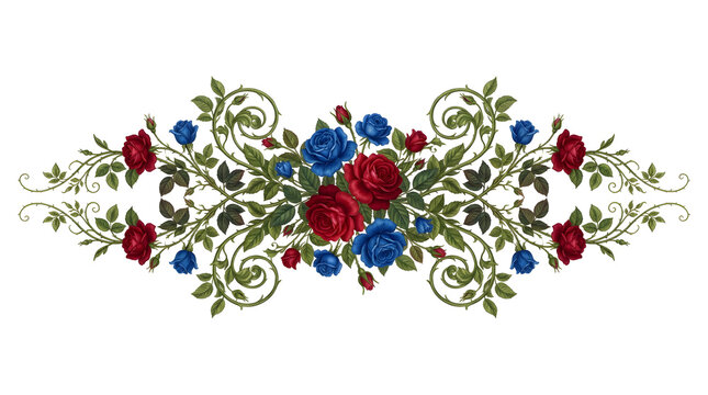 Vintage floral ornament with red and blue roses, elegant botanical frame border, decorative floral flourish header