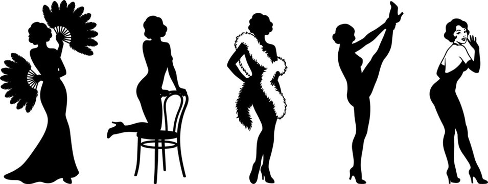 Vintage flapper girl silhouettes set performing cabaret dance poses on a white background