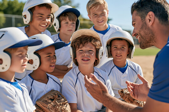 Young baseball players listen intently to their coach. Coach gestures while speaking, guiding the team. Children wear helmets and uniforms, smiling eagerly. Sunlight bathes the field, creating a warm