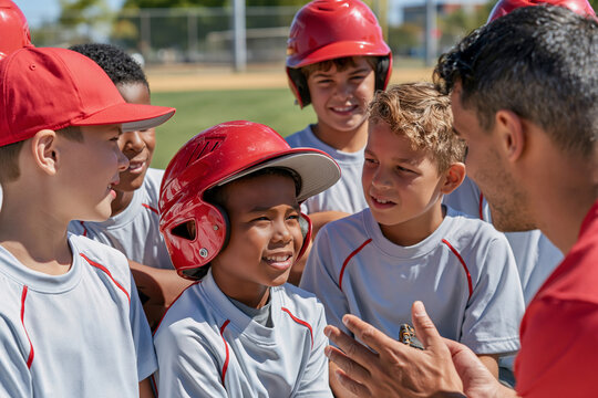 Young baseball players gather closely around coach. Children wear red helmets and jerseys. Coach speaks with hands open, guiding team. Players listen intently, smiling warmly