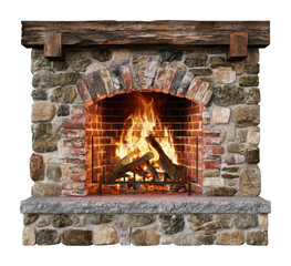 Obraz premium PNG Rustic stone fireplace with glowing fire, logs, and wooden mantel