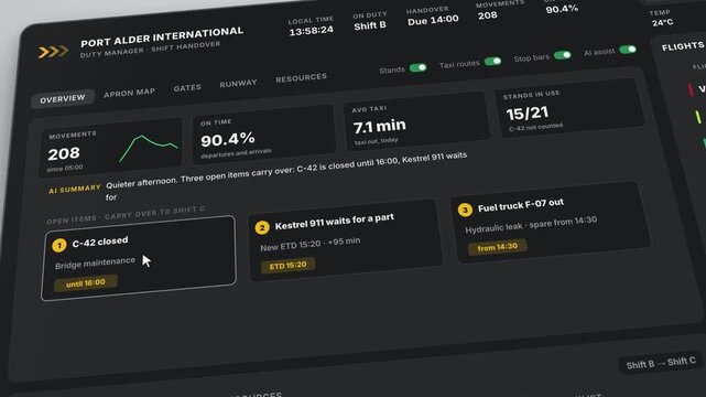 Airport Control Dashboard, Shift Handover Screen, Live Flight Information, Apron Overview Map, Operational Data Display, Motion Graphics Panel, Futuristic Interface Design, Real-time Monitoring