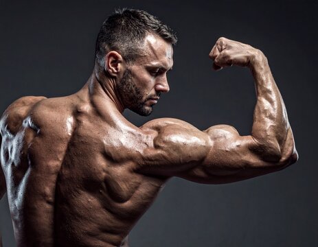 muscular man flexing double biceps pose showing strong torso shirtless against dark studio backdrop