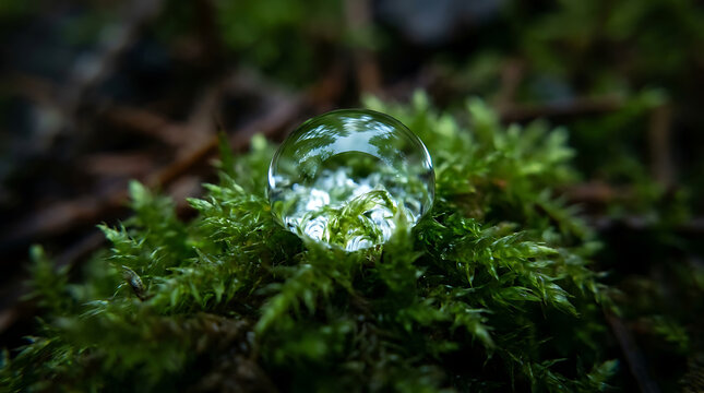 Clear water drop on green moss in the forest