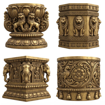 Sculptural South Indian Dravidian temple pillar capitals with guardian figures, animals, and floral relief