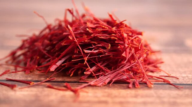 Close up video of saffron threads rotating on wooden background, showing texture and vibrant color of spice