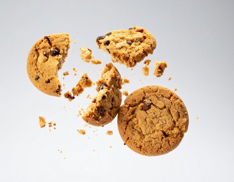 Broken cookie with flying crumbs white background
