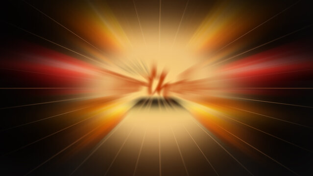 Dark abstract background features glowing orange light rays emanating from a blurred central focal point.