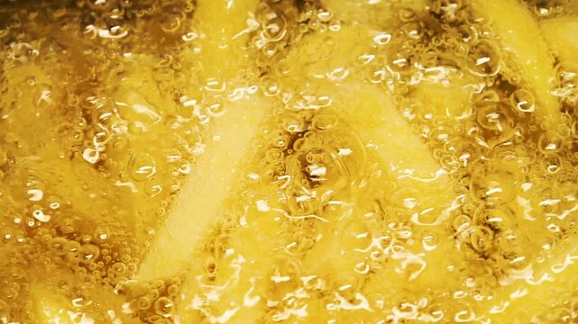 Close-up slow motion fried crispy potato wedges deep frying in oil. French fries