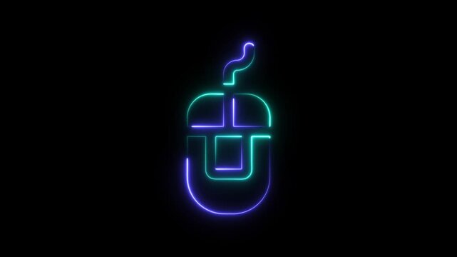 Glowing neon computer mouse icon with a vibrant blue and purple light effect on a black background