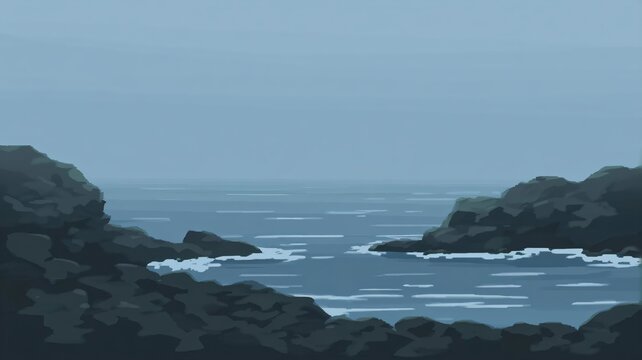 Muted blue rocky coastline with tide pools