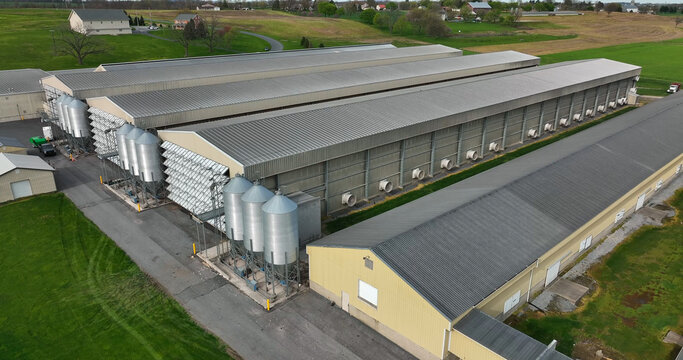 Aerial view of a large agricultural facility with long metal buildings and grain silos surrounded by green fields in East Donegal Township, Pennsylvania, United States.