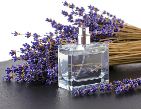 Elegant perfume bottle surrounded by purple lavender flowers in natural setting