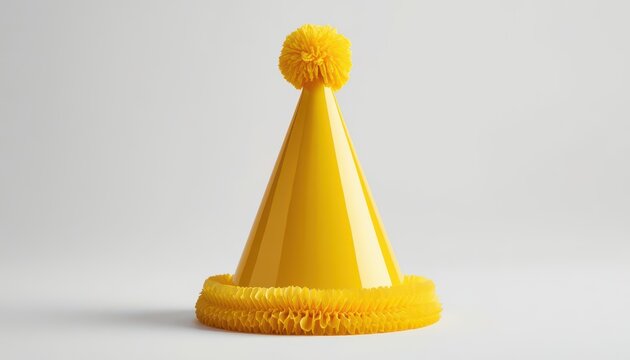 Yellow party hat with a pompom on top and frilled trim, isolated on white background