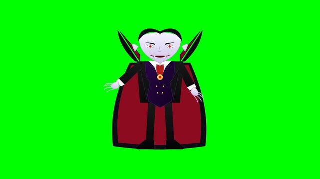 Vampire Cartoon Character Waving on Green Screen for Spooky Halloween Animation Projects