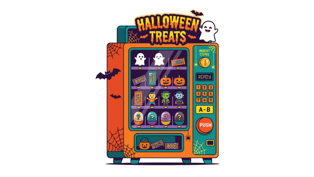 Halloween vending machine dispensing spooky treats and seasonal snacks graphic