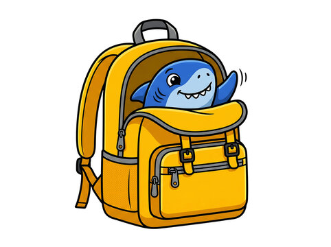 Cute blue shark peeking out of yellow backpack waving fin vector cartoon illustration isolated on transparent background perfect for school back to school or children educational graphic designs.