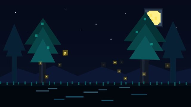 Pixel Art Night Forest with Glowing Fireflies and Moon Ideal for Game Backgrounds