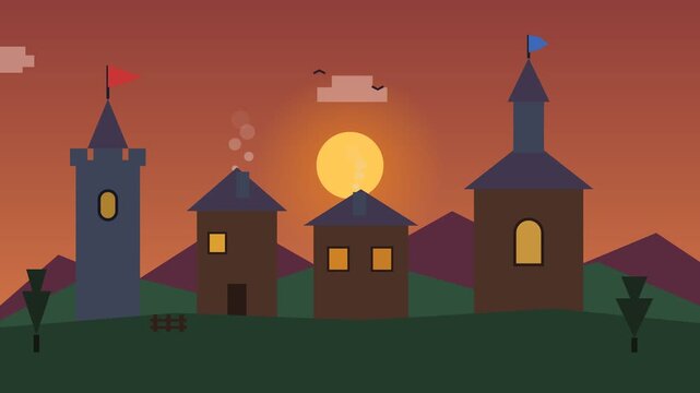 Village Landscape Transition from Starry Night to Warm Sunrise in Flat Vector Style