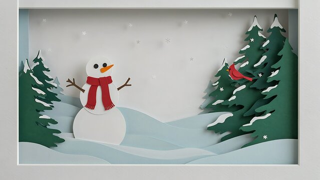 Handcrafted paper cut art style winter landscape featuring a cute snowman and red cardinal bird among pine trees, created with generative ai.