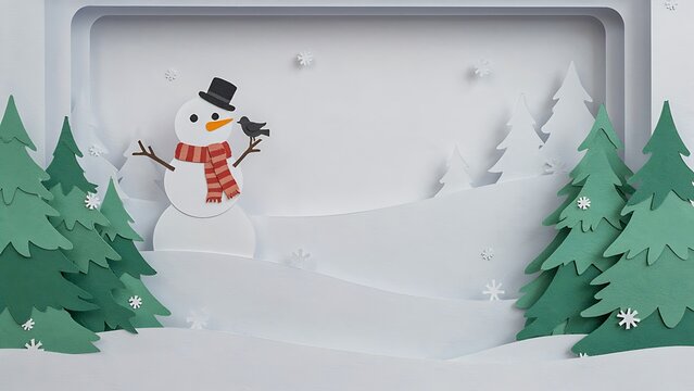 Paper cut shadowbox illustration of a cheerful snowman wearing top hat and scarf surrounded by snowy fir trees, created with generative ai.