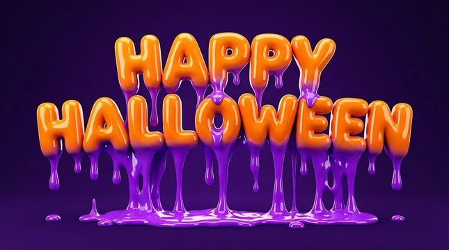 3D Happy Halloween typography text with dripping purple slime and glossy orange letters on dark background