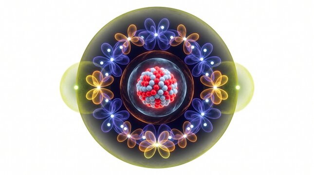 Seaborgium atomic structure with glowing molecular orbitals