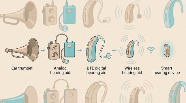 Evolution of Hearing Aid Technology Icons Infographic on Light