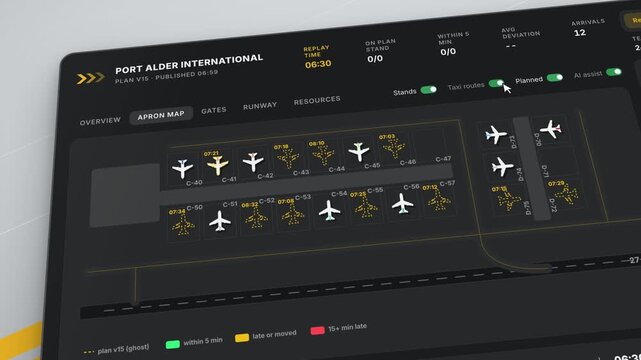 Airport Operations Dashboard, Flight Tracking UI, Apron Map Monitor, Aviation Control Panel, Schedule Deviation Board, Real-time Flight Status, Air Traffic Control HUD
