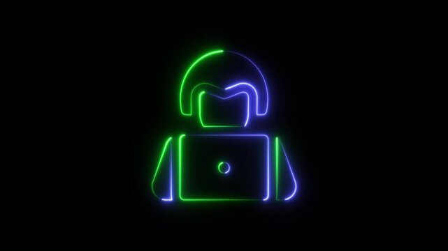 Glowing neon hacker icon showing a person working on a laptop computer