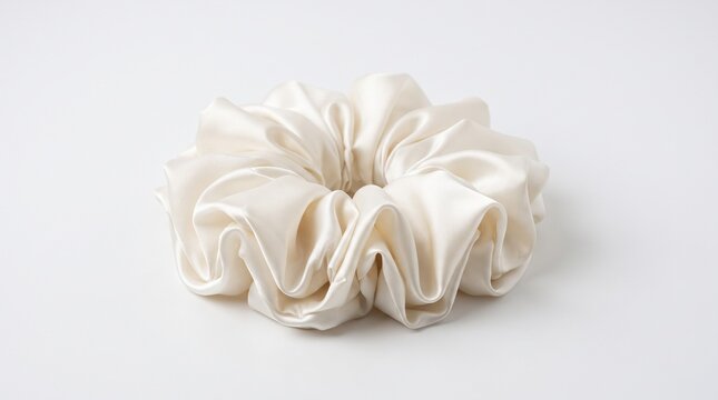 Satin fabric scrunchie hair accessory isolated on white background, elegant soft styling piece for women, fashionable hairstyles, beauty routines, gift items and personal care set.