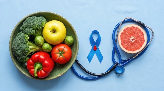 Healthy food and stethoscope with blue awareness ribbon