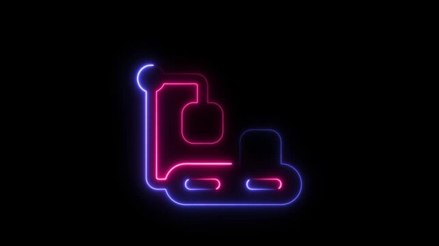 Neon glowing factory conveyor belt icon with robotic arm on black background
