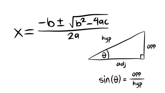 Hand drawn quadratic formula mathematical equation and right angle trigonometry sine ratio on clean white isolated background
