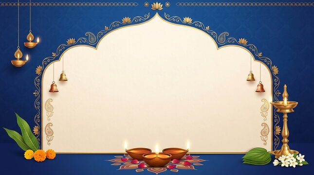 Elegant diwali festival greeting card background with traditional oil lamps and decorative floral frame design