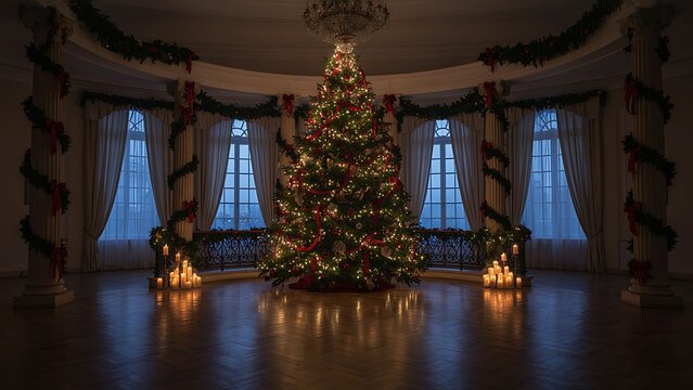 Grand illuminated Christmas tree standing in a luxurious classical hall decorated with festive garlands, created with generative ai.
