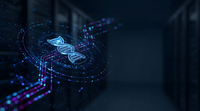 Futuristic Digital DNA Double Helix Concept with Glowing Circuit Lines and Data Particles on Dark Server Room Background for Bioinformatics, Genetic Engineering, and Medical Technology Research