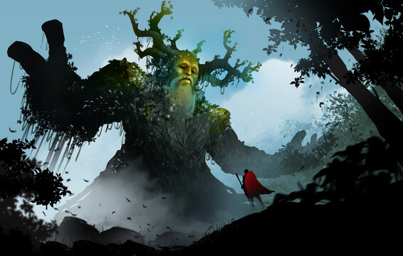 Giant Tree Guardian Confronting a Lone Adventurer.
