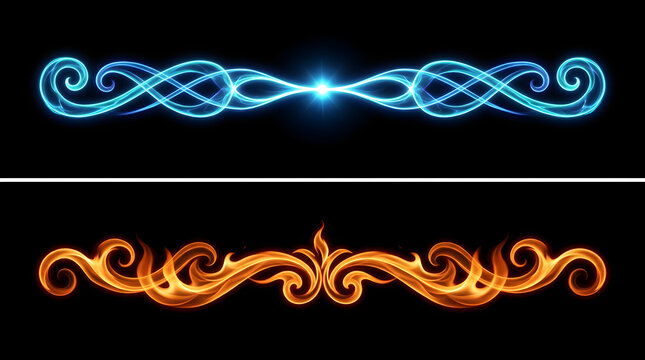 Glowing fire and ice decorative page dividers, ornate swirly border flourish design set, glowing elemental headers on black background