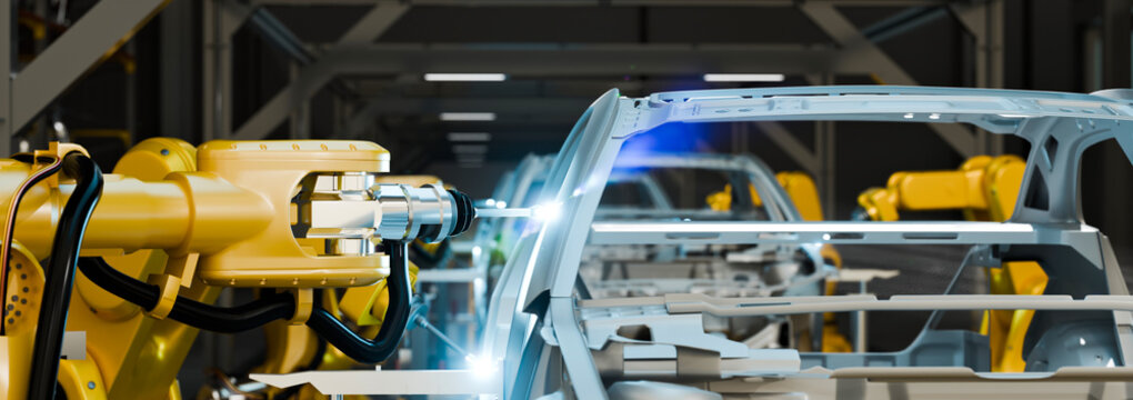 3D Illustration of Robotic Arms Welding Car Body Frames on Automotive Assembly Line in Factory