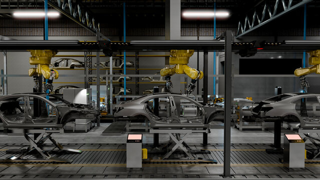 3D Illustration of Robotic Arms Assembling Car Bodies on Automated Automotive Production Line in Factory
