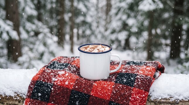 Hot drink in a white mug on a plaid blanket in a snowy winter forest