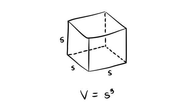Hand drawn 3d cube geometric solid shape with side length s dimensions and volume equation formula on white background