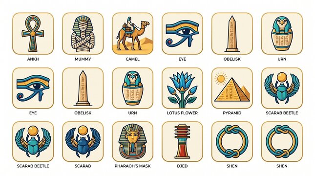 Ancient Egyptian symbol icon set featuring ankh, mummy, camel, eye, obelisk, urn, lotus, pyramid illustrations.