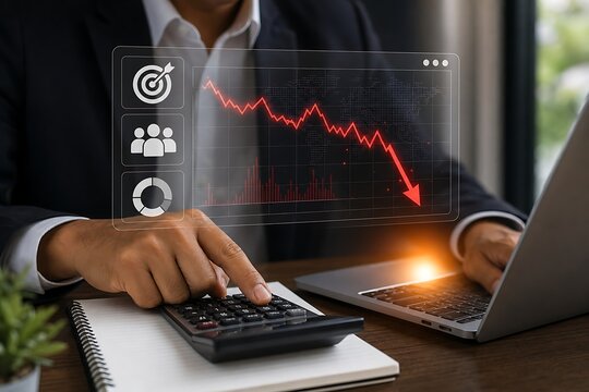Businessman calculating financial loss and economic market downturn at his desk