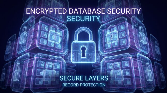 Encrypted database security concept with glowing blue padlock symbols and secure digital layers data encryption information security data protection network security cyber defense future technol