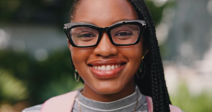 Student, glasses and face of woman at college for study opportunity, learning and education. University, portrait and African person for development, knowledge and happy for scholarship on campus