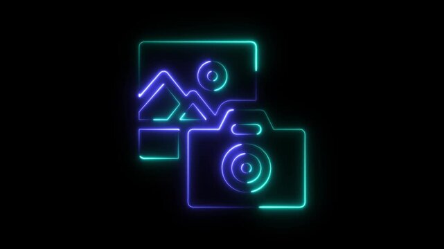 Neon camera and photo picture icon glowing with blue and purple light on a dark background